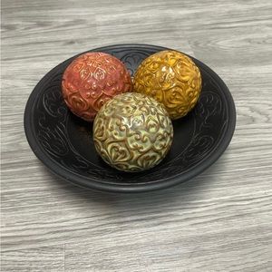 Decorative Wooden Bowl with Decorative Ceramic Balls in Fall Colors